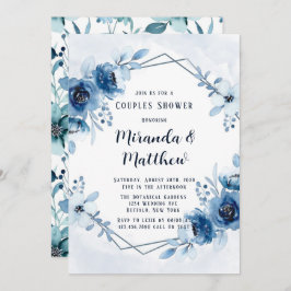 ほこりっぽいブルーネイビー水色フローラカップルのシャワー 招待状