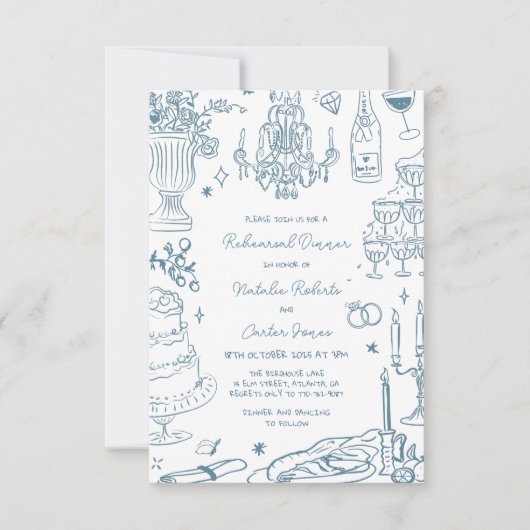 ほこりっぽいブルーハンドドラインリハお洒落ーサルディナー 招待状 (正面)