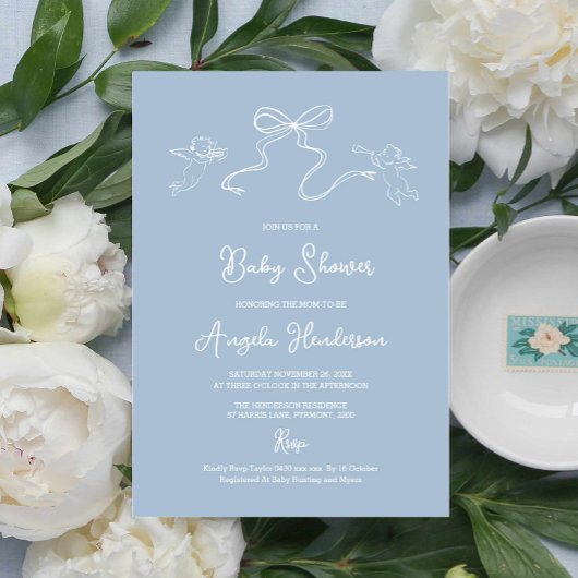 ほこりっぽいブルーハンドドロー赤ちゃんシャワー招待状 招待状