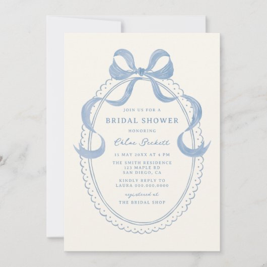 ほこりっぽいブルーハンド引き弓フレームブライダルシャワー 招待状 (正面)