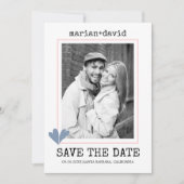 ほこりっぽいブルーハートピンク結婚タイプライターの写真 セーブザデート (正面)
