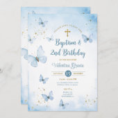 ほこりっぽいブルーバタフライガール第3誕生日バプテスマ 招待状 (正面/裏面)