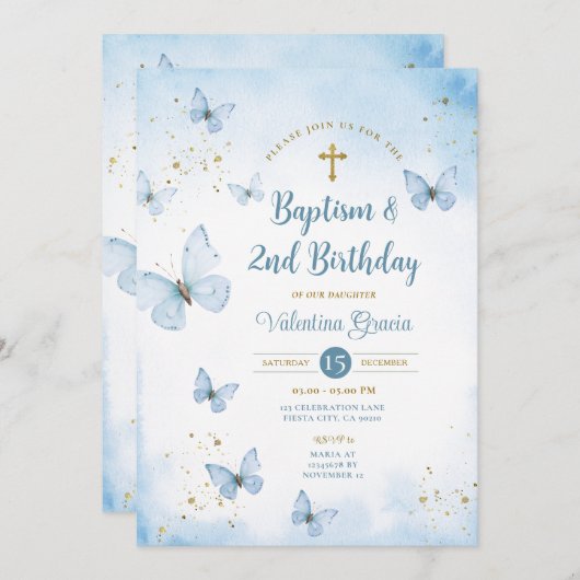 ほこりっぽいブルーバタフライガール第3誕生日バプテスマ 招待状 (正面/裏面)