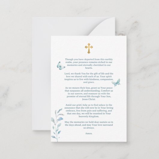 ほこりっぽいブルーバタフライ葬儀記念祈りの言葉 ノートカード (裏面)