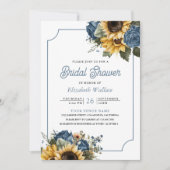 ほこりっぽいブルーバラひまわりフォトブライダルシャワー 招待状 (正面)