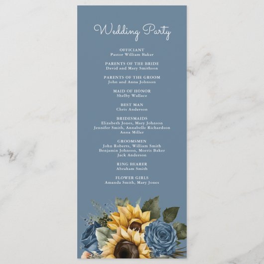 ほこりっぽいブルーバラひまわり結婚の花 プログラム (裏面)