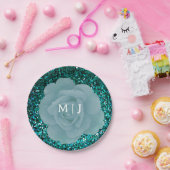 ほこりっぽいブルーバラキラキラのモノグラムエレガントな結婚式 ペーパープレート (パーティー)