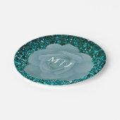 ほこりっぽいブルーバラキラキラのモノグラムエレガントな結婚式 ペーパープレート (アングル)