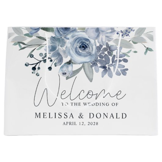 ほこりっぽいブルーバラフラワーズボホー結婚ウェルカム ラージペーパーバッグ (正面)