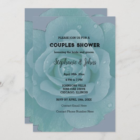ほこりっぽいブルーバラフローラカップルクールシャワー結婚ズ 招待状 (正面/裏面)