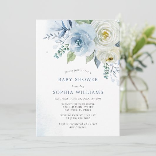 ほこりっぽいブルーバラフローラベビーシャワー招待状 招待状 (スタンド正面)