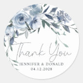 ほこりっぽいブルーバラ花花花スクリプトありがとうご結婚ざいます ラウンドシール (正面)