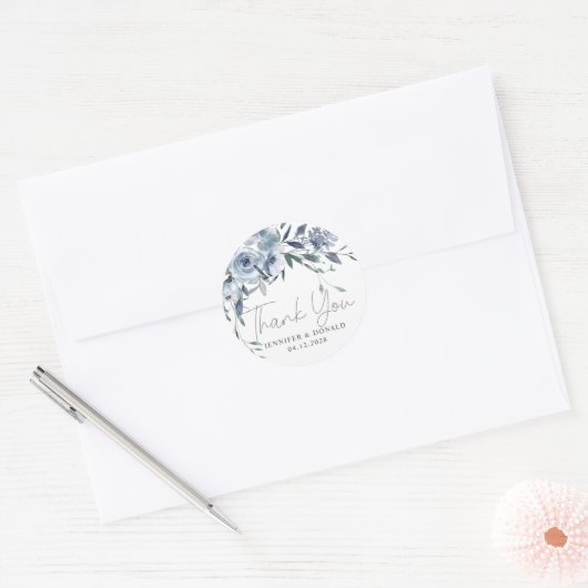 ほこりっぽいブルーバラ花花花スクリプトありがとうご結婚ざいます ラウンドシール (封筒)