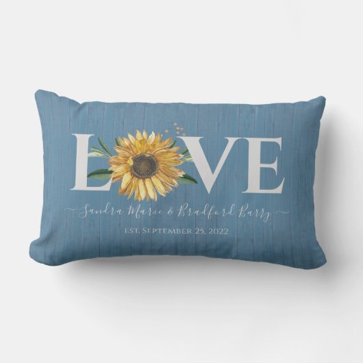 ほこりっぽいブルーバーンウッドゴールデンサンフラワー結婚ズ ランバークッション (正面)
