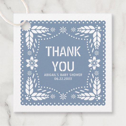 ほこりっぽいブルーパペルピカドありがとう男の赤ちゃんシャワー フェイバータグ (正面)