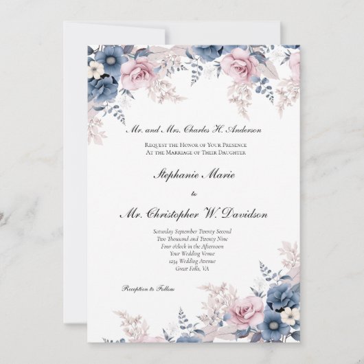 ほこりっぽいブルーピンクの水色フローラエレガントな結婚式 招待状 (正面)