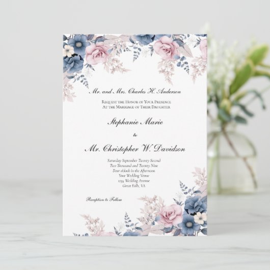 ほこりっぽいブルーピンクの水色フローラエレガントな結婚式 招待状 (スタンド正面)