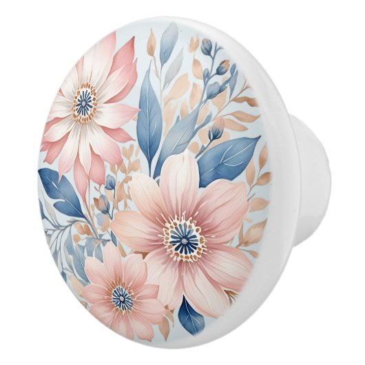 ほこりっぽいブルーピンクの花ベージュボホフローラ セラミックノブ (右)