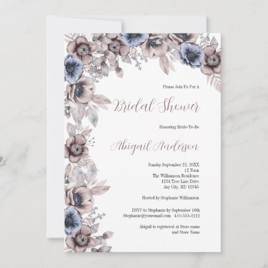 ほこりっぽいブルーピンクウォーターカラー花模様ブライダルシャワー 招待状 (正面)