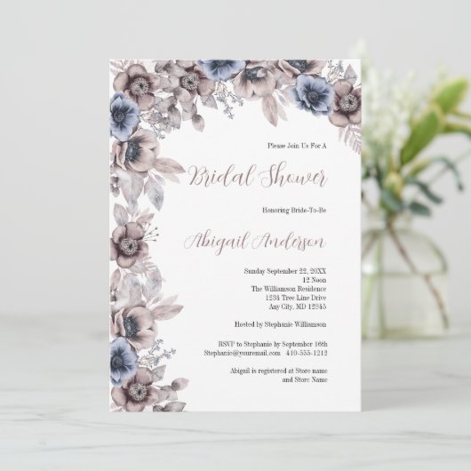 ほこりっぽいブルーピンクウォーターカラー花模様ブライダルシャワー 招待状 (スタンド正面)