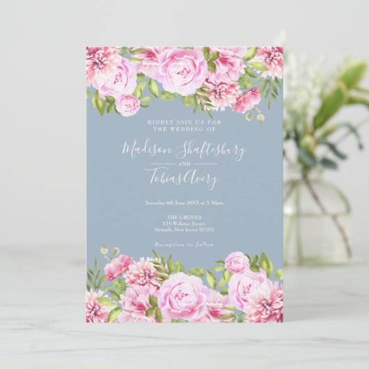 ほこりっぽいブルーピンクピーニーグリーン結婚フローラ 招待状 (スタンド正面)