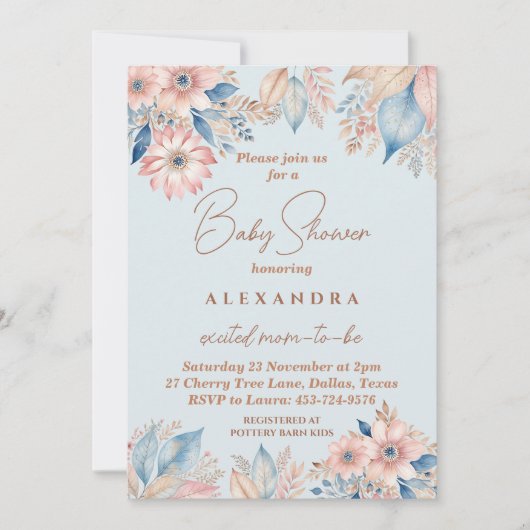 ほこりっぽいブルーピンクフローラボホシック赤ちゃんシャワー 招待状 (正面)
