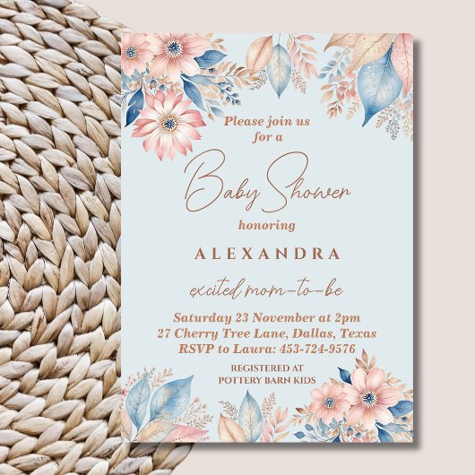 ほこりっぽいブルーピンクフローラボホシック赤ちゃんシャワー 招待状