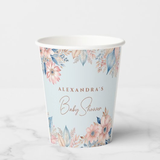 ほこりっぽいブルーピンクフローラボホシック赤ちゃんシャワー 紙コップ (裏面)