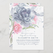 ほこりっぽいブルーピンクフローラ水彩ベビーシャワー 招待状 (正面/裏面)