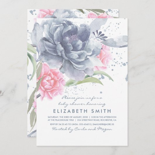 ほこりっぽいブルーピンクフローラ水彩ベビーシャワー 招待状 (正面/裏面)