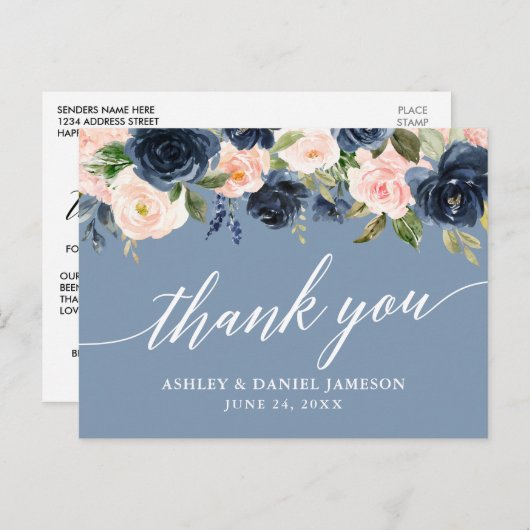 ほこりっぽいブルーピンク結婚フローラの感謝していハガキー シーズンポストカード (正面/裏面)