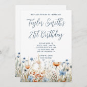 ほこりっぽいブルーピーチワイルドフラワーズ21st誕生日 招待状 (正面/裏面)