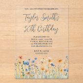 ほこりっぽいブルーピーチワイルドフラワーズ50誕生日 アクリル招待状 (正面)