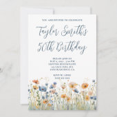 ほこりっぽいブルーピーチワイルドフラワーズ50誕生日 招待状 (正面)