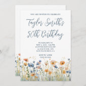 ほこりっぽいブルーピーチワイルドフラワーズ50誕生日 招待状 (正面/裏面)