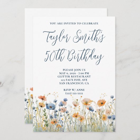 ほこりっぽいブルーピーチワイルドフラワーズ50誕生日 招待状 (正面/裏面)