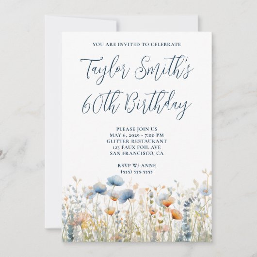 ほこりっぽいブルーピーチワイルドフラワーズ60誕生日 招待状 (正面)
