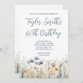 ほこりっぽいブルーピーチワイルドフラワーズ60誕生日 招待状 (正面/裏面)