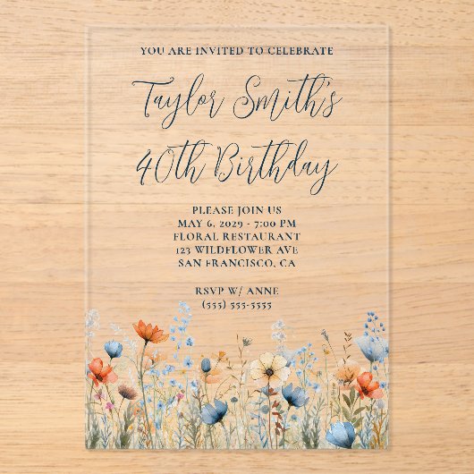 ほこりっぽいブルーピーチ野花40th誕生日 アクリル招待状 (正面)