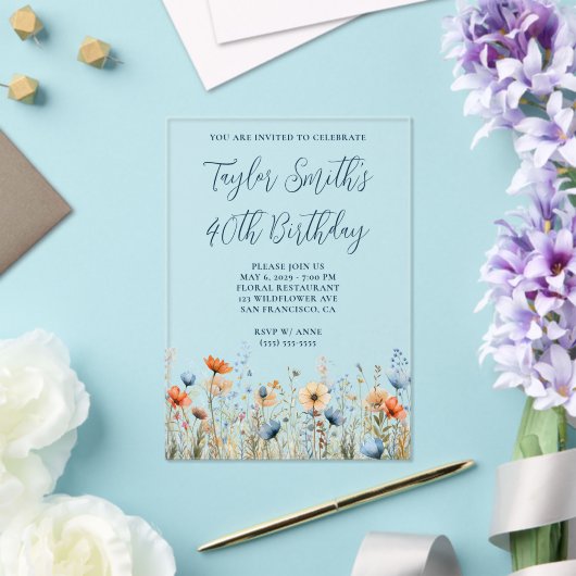 ほこりっぽいブルーピーチ野花40th誕生日 アクリル招待状 (インサイチュ (ウェディング))