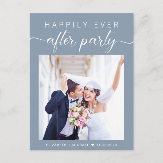 ほこりっぽいブルーフォトエロペメントウェディングレセプション インビテーションポストカード (正面)