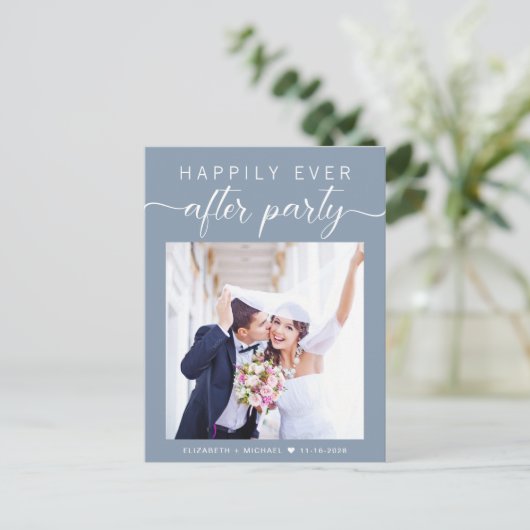 ほこりっぽいブルーフォトエロペメントウェディングレセプション インビテーションポストカード (スタンド正面)