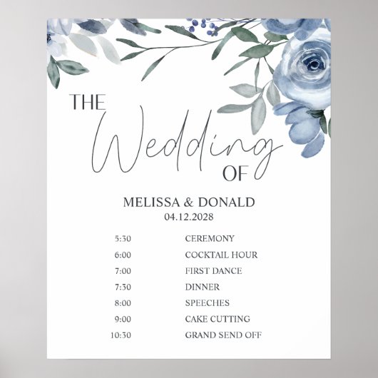 ほこりっぽいブルーフラワーシンプル結婚式 プログラムスケジュール ポスター (正面)