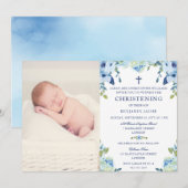 ほこりっぽいブルーフローラとフォト《キリスト教》洗礼式や命名式 招待状 (正面/裏面)