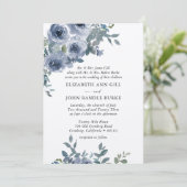 ほこりっぽいブルーフローラと黒いフォーマル結婚式の招待 招待状 (スタンド正面)