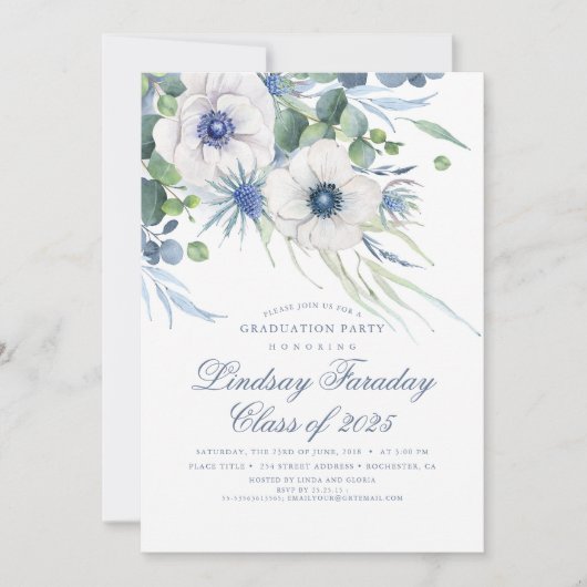ほこりっぽいブルーフローラの緑のエレガント卒業式 招待状 (正面)