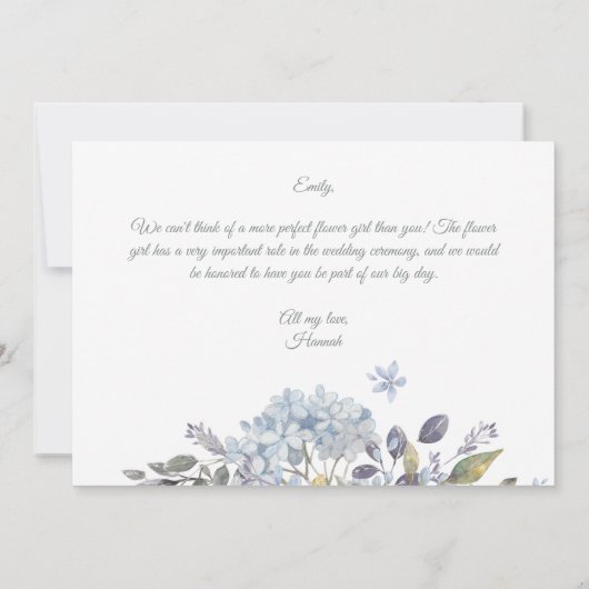 ほこりっぽいブルーフローラは私の花ガールカードになる 招待状 (裏面)