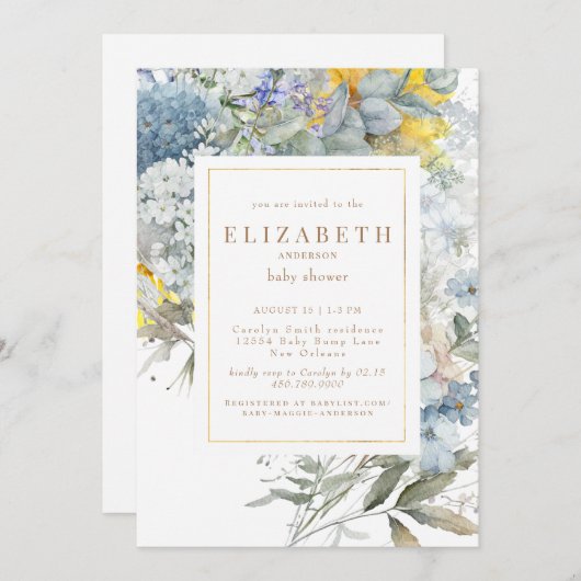 ほこりっぽいブルーフローラひまわり赤ちゃんシャワー招待状 招待状 (正面/裏面)