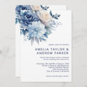 ほこりっぽいブルーフローラほこりっぽいバラ赤面ピンク結婚ズ 招待状 (正面/裏面)