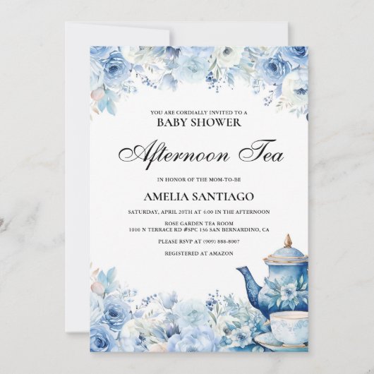 ほこりっぽいブルーフローラアフタヌーンティーベイビーシャワー 招待状 (正面)